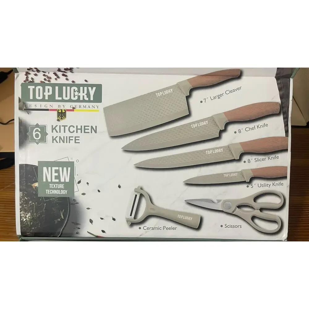 Top Lucky LK806 6 Piece Kitchen Knife Set Khaki Textured Blades Gift Box